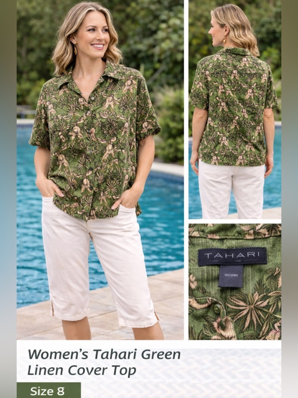 Tahari Green Linen cover Top LARGE